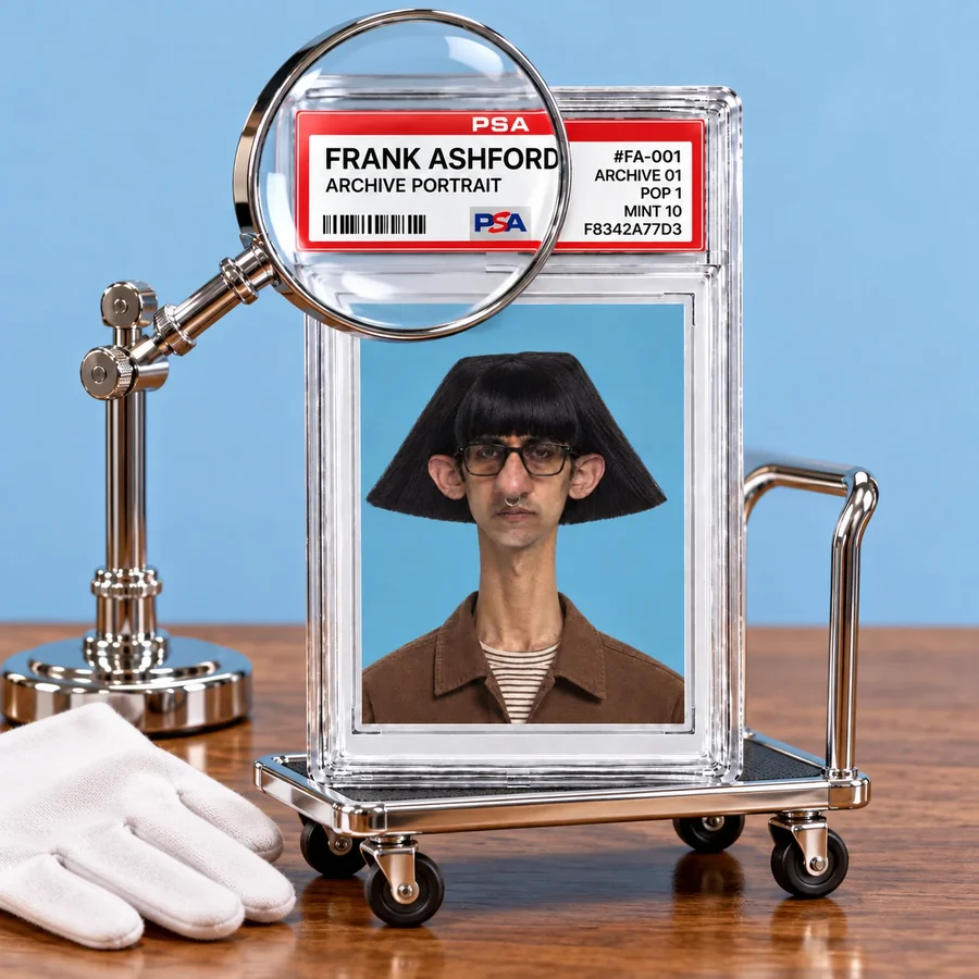 The slab on a small chrome trolley under a magnifying glass, a white inspection glove beside it